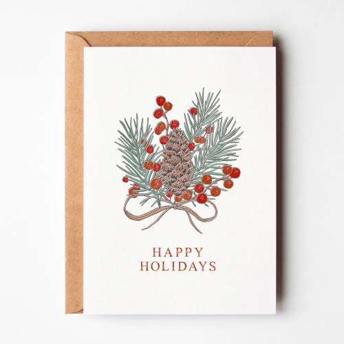 Kaari & Co. Greeting Card Happy Holidays, Pinecone & Holly