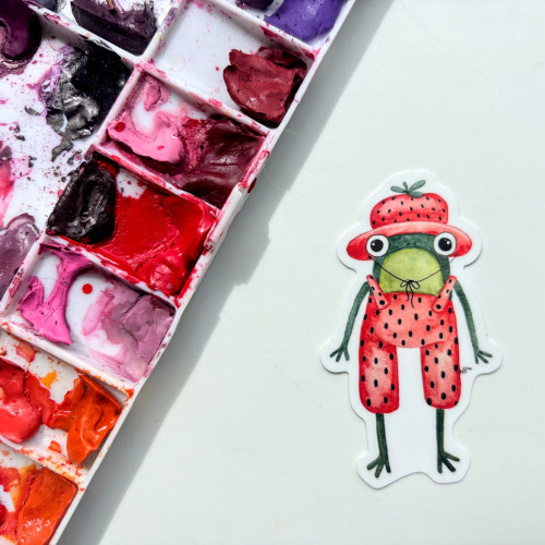 Owlfeathers Watercolor Vinyl Sticker Strawberry Frog in Clothes