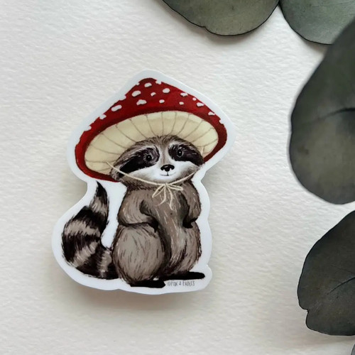 Fox & Fables Sticker (Racoon Mushroom Cap)