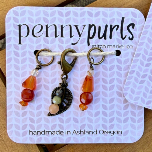 Penny Purls Stitch Marker Set of 3 Carnelian Leaf