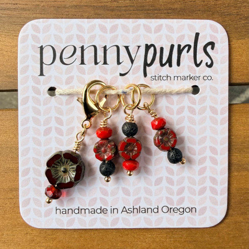 Penny Purls Stitch Marker Set of 4 Czech Glass Red Flower