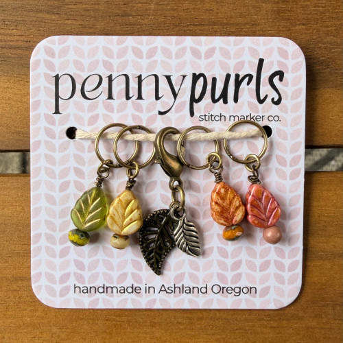 Penny Purls Stitch Marker Set of 5 Czech Glass Leaves