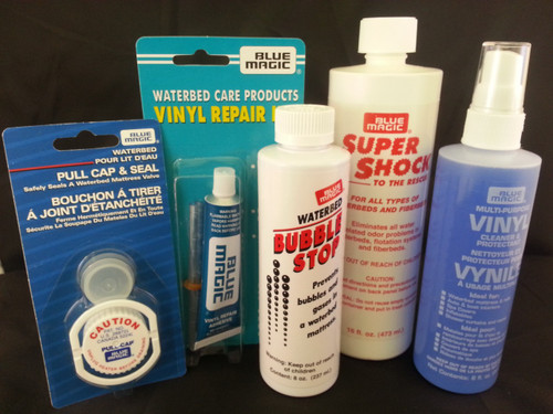 Waterbed Accessories Bundle includes Bubble Stop Aqua Shock Vinyl Cleaner Vinyl Repair Kit Pull Cap and Seal