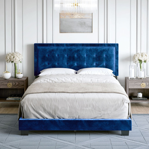 Paulina Velvet Upholstered Platform Bed Blue