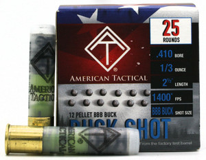 American Tactical 410ga 2.5" 1/3oz 12 Pellet BBB Buck Ammo - 25 Rounds American Tactical 410ga 2.5" 1/3oz 12 Pellet BBB Buck Ammo - 25 Rounds