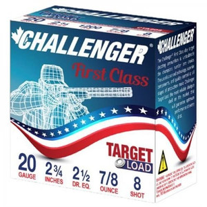 Challenger First Class Target Load 20ga 2.75" 7/8oz #8 Shot Ammo - 25 Rounds Challenger First Class Target Load 20ga 2.75" 7/8oz #8 Shot Ammo - 25 Rounds