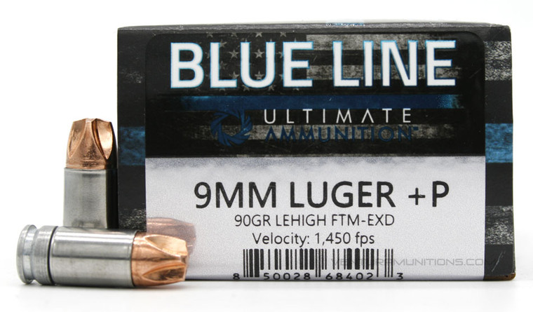 Ultimate Ammunition Blue Line 9mm Luger 90gr +P FTM-EXD Ammo - 20 Rounds