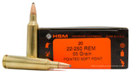 HSM 22-250 Remington 55gr PSP Ammo - 20 Rounds