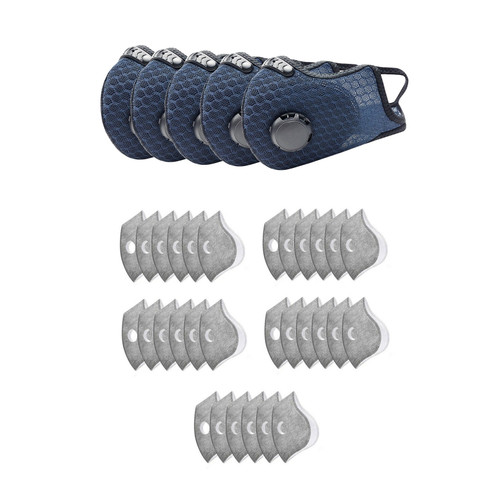 Dust Sports Face Cover Windproof Breathable Design for Running Cycling Mowing Outdoor Activities Dark Blue Color 5 Covers + 30 Filters