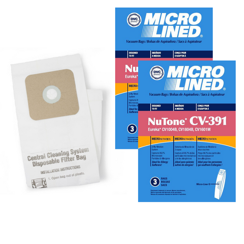 DVC Micro-Lined Paper Replacement Bags Standard Nutone 391 Fit CV350, CV352, CV352W, CV353, CV450, CV653, CV750 - 6 Bags