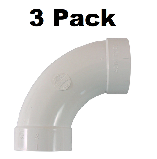 Central Vacuum 2" PVC 90 Degree Long Sweep Elbow Used for Rough In 3 Pack