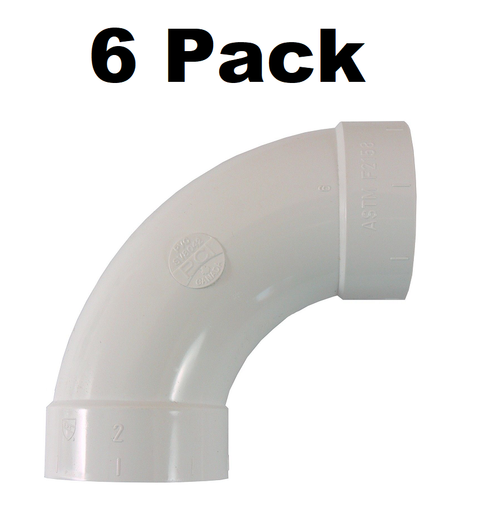 Central Vacuum 90 Degree Sweep Elbow Fitting for 2 Inch Vacuum Pipe 6 Pack