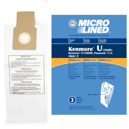 DVC Micro-Lined Paper Replacement Bags Style U, Style O Replace Kenmore 50688, 50690, Panasonic U2, Miele Z - 3 Bags