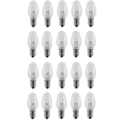 15 Watt, C7 Night Light, 120 / 130 Volt, Clear, E12 Candelabra Base 20 Bulbs