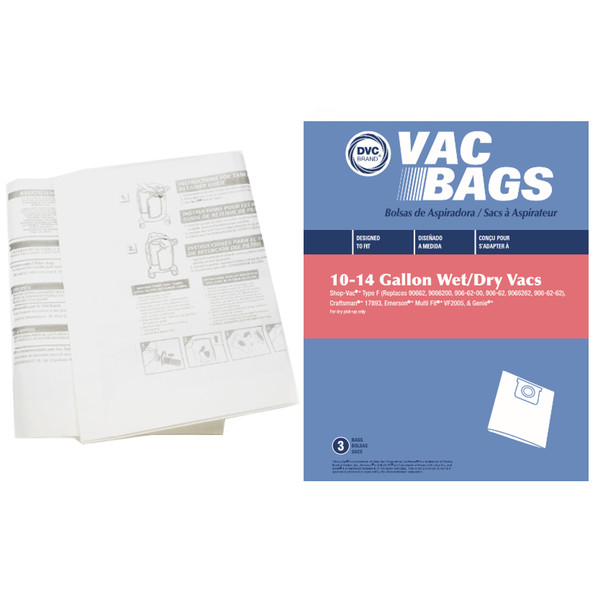 DVC Paper Replacement Style F Bags Fit Shop Vac 10-14 Gallon Models - 3 Bags