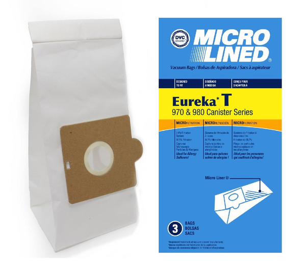 DVC Micro-Lined Paper Replacement Bags Style T Fit Eureka 970 and 980 Canister Models - 3 Bags