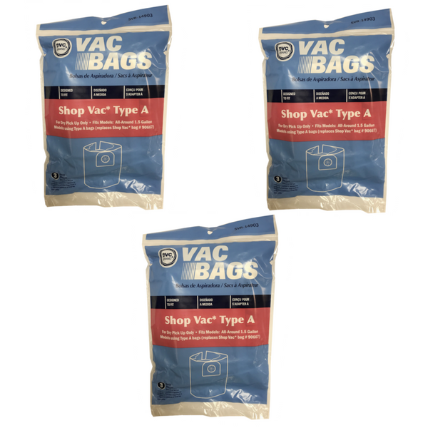 9 DVC Vacuum Bags for Shop Vac All Around 1.5 Gallon Replaces Type A / 90667