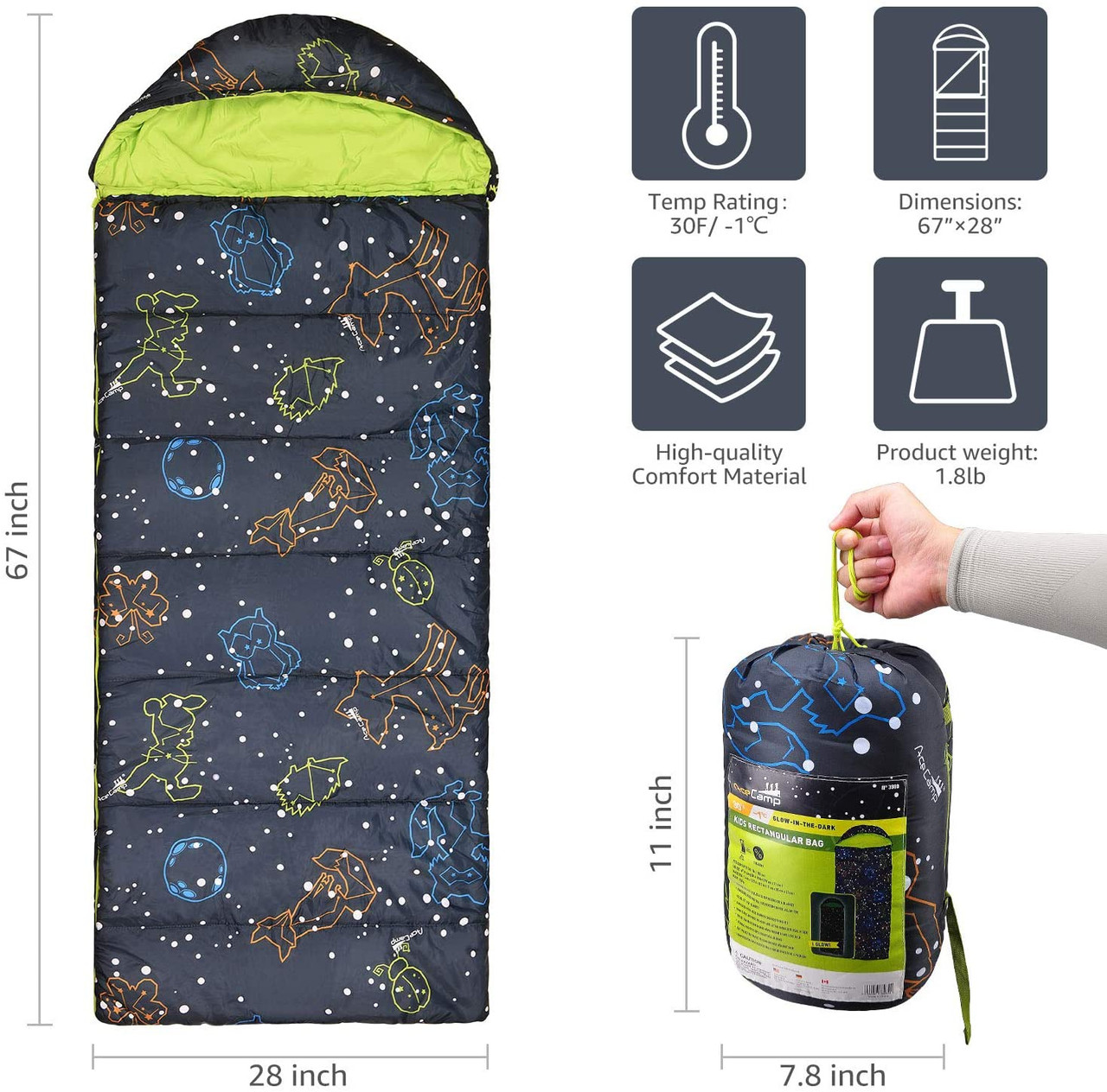 AceCamp Kids & Youth Rectangular Glow-in-The-Dark Sleeping Bag 30F/ -1℃