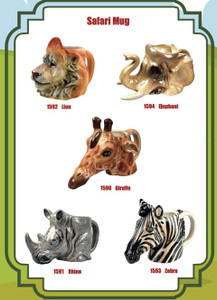 Safari Mugs- Giraffe, Rhino, Lion, Zebra & Elephant