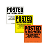 Heavy duty plastic POSTED signs in white, yellow, or orange.