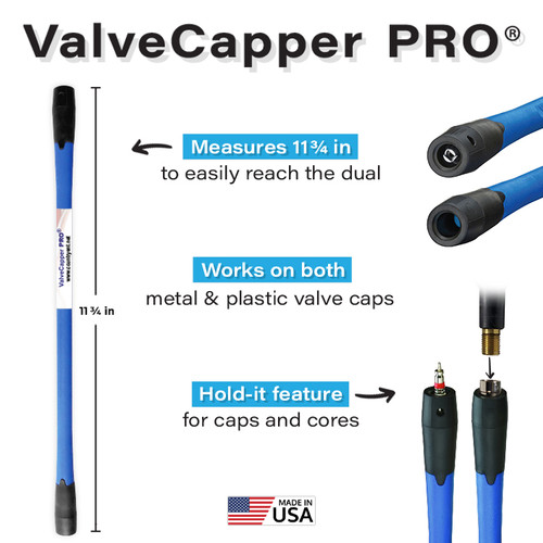 Check the inside of your dual tires with ease using the ValveCapper PRO®! 
Hold-It Feature for Caps or Cores
Easily Remove and Replace the Valve Cap on the Inside Dual with Less Frustration
Works on Metal or Plastic Caps
Keep it in your Truck, Shop or Camper
At 11-3/4 inches it has enough reach to get the job done
