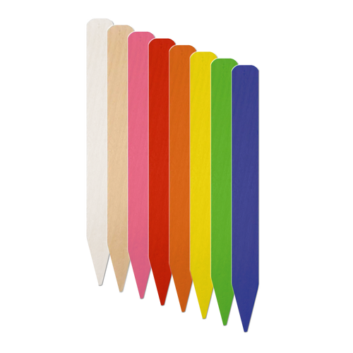 Biodegradable plot stakes in white, tan, pink, red, orange, yellow, green, and blue