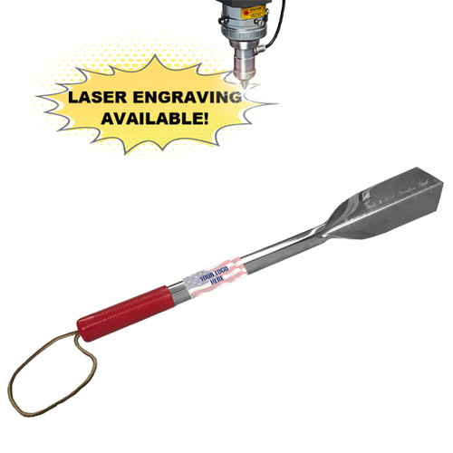 An 18" long metal spade with leather wrist strap and plastic grip. Decal of custom business logo is on the shaft.