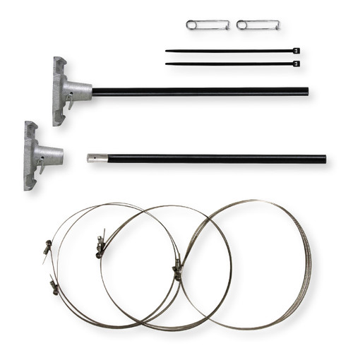 Banner Bracket Kit includes:

Two, One Piece Aluminum Base
Four Quick Release Clamps
Two Rod Pins
Two 14" Zip Ties
Two Sleeved Removable 28" Fiberglass Arms
Choose From Black or White Rod