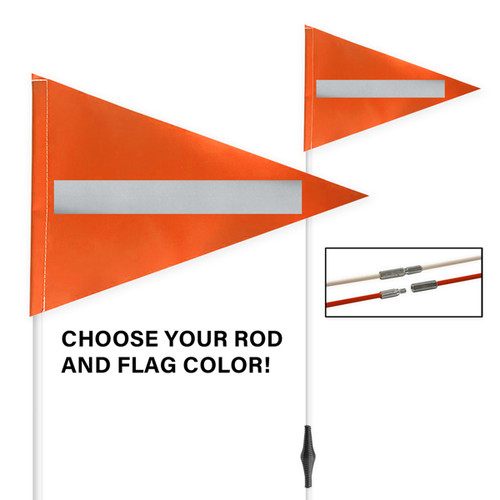 This is a Two Piece 5/16" X 10'  Fiberglass Rod with 9" X 12" Flag. The rod is joined together by 2 glued in place knuckles for easy transport and long life. 

Standard 9” x 12” pennant flag
Choose your rod color
Choose your flag color: All colors – 18oz vinyl coated polyester
Reflective silver laminate on flag
CALL FOR PRICING ON 12X12 OR 12X18 PENNANT FLAG
CALL FOR PRICING ON 10X10 OR 12X12 SQUARE FLAG
 