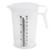 The backside of the 64 oz. measuring pitcher with the measurements imprinted in black in milliliters and ounces.