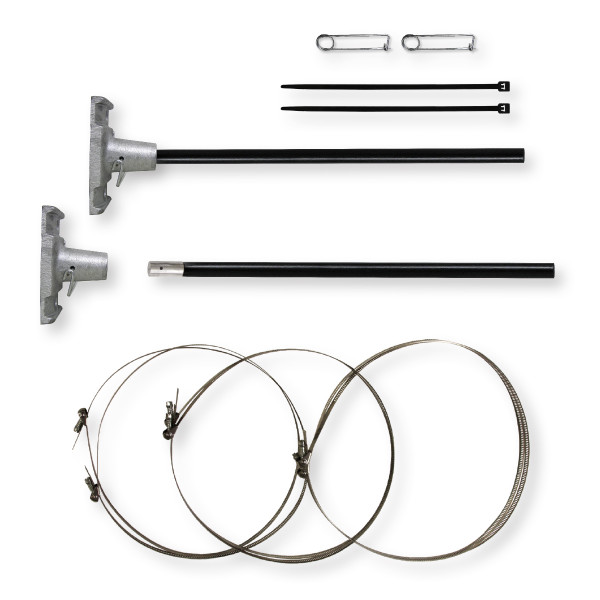 Banner Bracket Kit includes:

Two, One Piece Aluminum Base
Four Quick Release Clamps
Two Rod Pins
Two 14" Zip Ties
Two Sleeved Removable 34" Fiberglass Arms
Choose From Black or White Rod