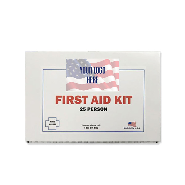 The front of the metal first aid kit with a spot in the center top for a business logo.