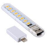 8LEDs 5V 200LM USB LED Book Light Portable Night Light, with 8 Pin Adapter(Warm White)
