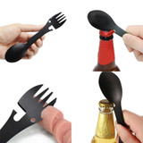 2 PCS  5 in 1 Multi-functional Outdoor Tools Stainless Steel Camping Survival EDC Kit Practical Fork Knife Spoon Bottle/Can Opener(Black)