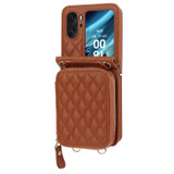 For OPPO Find N2 Flip Rhombic Texture Card Bag Phone Case with Dual Lanyard(Brown)