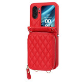 For OPPO Find N2 Flip Rhombic Texture Card Bag Phone Case with Dual Lanyard(Red)