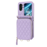 For OPPO Find N2 Flip Rhombic Texture Card Bag Phone Case with Dual Lanyard(Purple)