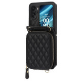 For OPPO Find N2 Flip Rhombic Texture Card Bag Phone Case with Dual Lanyard(Black)