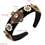 Black Gold Velvet Rhinestone Headband Retro Wide-brimmed Pearl Headband(White)