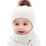 Knitted Warm Round Machine Cap Protects Ear Bonnet Baby Winter Hats Caps + Scarf Suits(White)