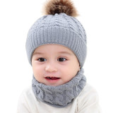Knitted Warm Round Machine Cap Protects Ear Bonnet Baby  Winter Hats Caps + Scarf Suits(Grey)