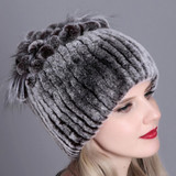 Rex Rabbit Fur Woven Female Models Leather Warm Thickening Colorful Knit Hat(Color26)