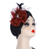 Spring and Autumn Flowers Dots Mesh Turban Hat Wrap Hat(Black + Red Wine)