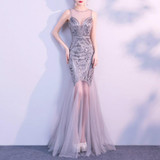 Sequins Beading Evening Dresses Mermaid Long Formal Prom Party Dress, Size:M(Silver)