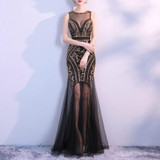 Sequins Beading Evening Dresses Mermaid Long Formal Prom Party Dress, Size:XL(Black Gold)