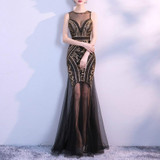 Sequins Beading Evening Dresses Mermaid Long Formal Prom Party Dress, Size:L(Black Gold)