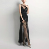 Sequins Beading Evening Dresses Mermaid Long Formal Prom Party Dress, Size:L(Black)