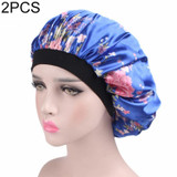 2 PCS Women Satin Night Sleep Cap Hair Bonnet Hat Silk Head Cover Wide Elastic Band(Royal Blue Flower)