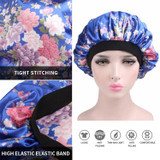 2 PCS Women Satin Night Sleep Cap Hair Bonnet Hat Silk Head Cover Wide Elastic Band(Royal Blue Flower)