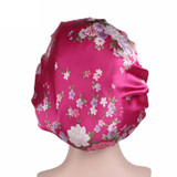 2 PCS Women Satin Night Sleep Cap Hair Bonnet Hat Silk Head Cover Wide Elastic Band(Magenta Flower)
